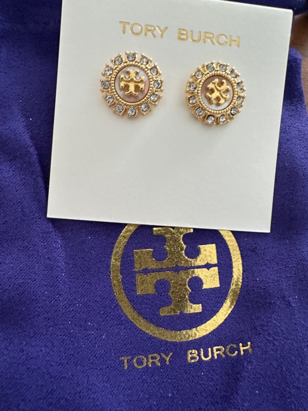 Tory Burch Gold and Clear Crystal Round Logo Stud Earrings
